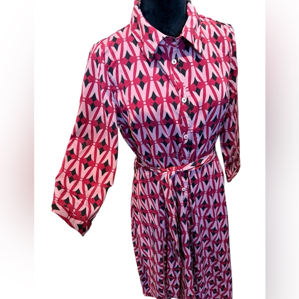 Pink Red Black Graphic Geometric Belted Midi Dress Shirt dress Size Large - Picture 5 of 6